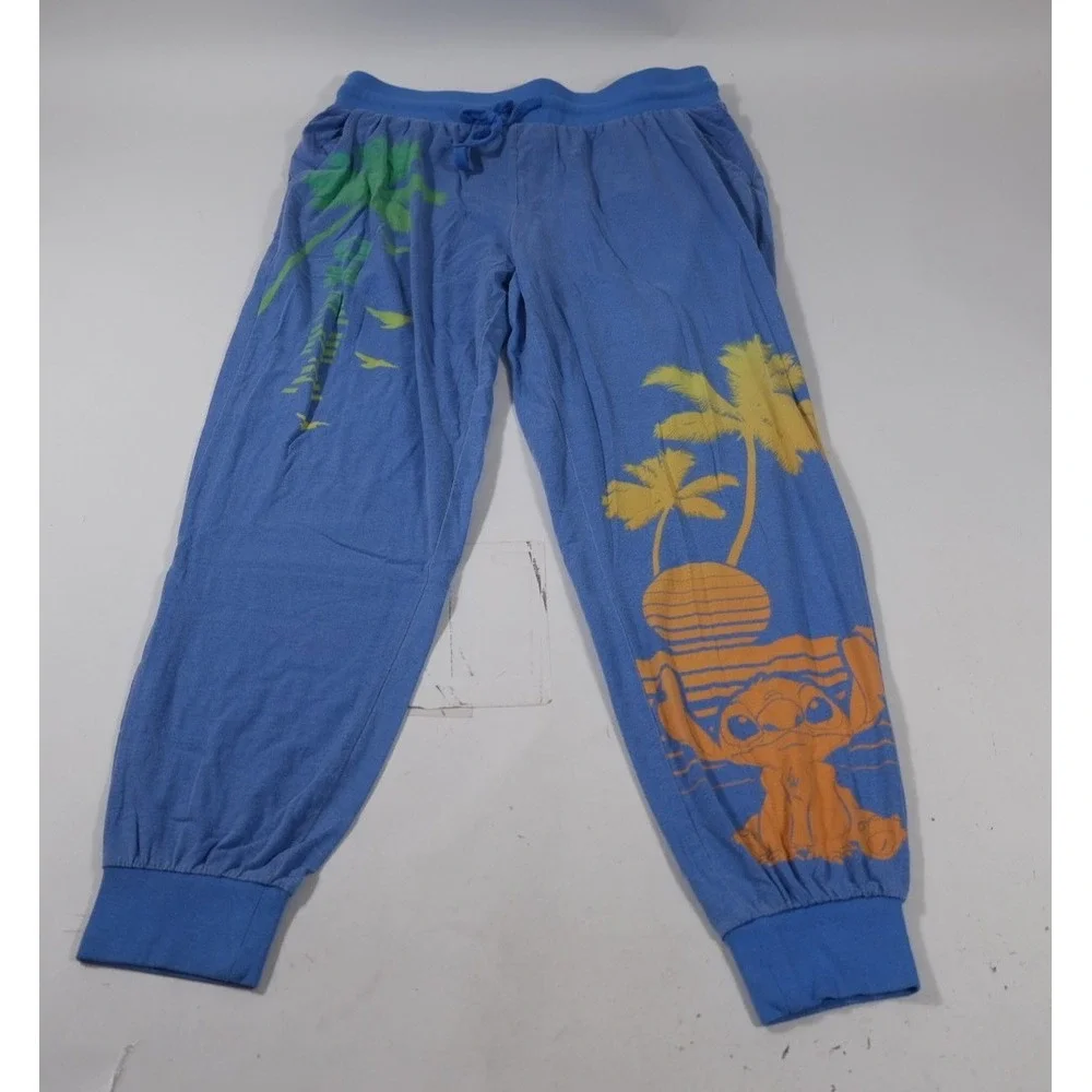 Disney Pajama Bottoms Women L Blue Lilo & Stitch Jogger Tropical Graphic Pants
